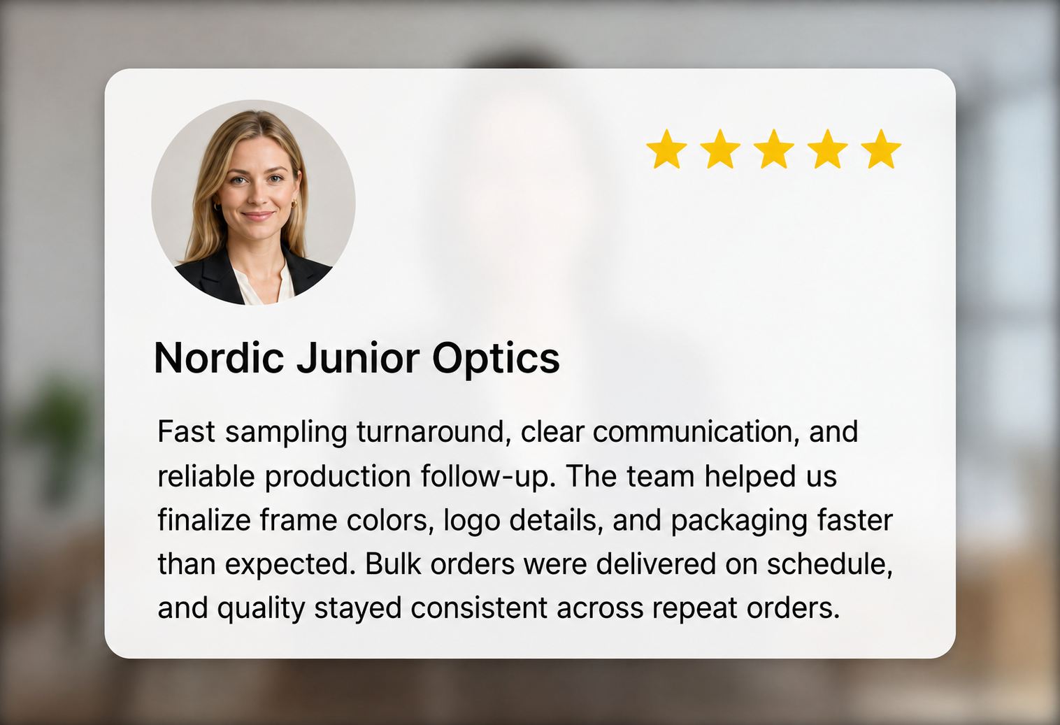 Buyer testimonial visual for sampling efficiency