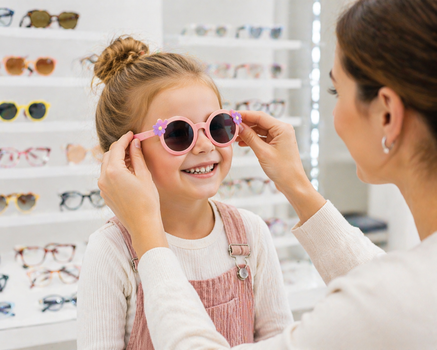 An optician fitting a pair of kids sunglasses on a smiling young girl in an eyewear store